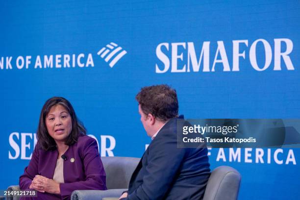 Julie Su, Acting U.S. Labor Secretary and chat Ben Smith, Editor-In-Chief, Semafor at The Semafor 2024 World Economy Summit on April 18, 2024 in...