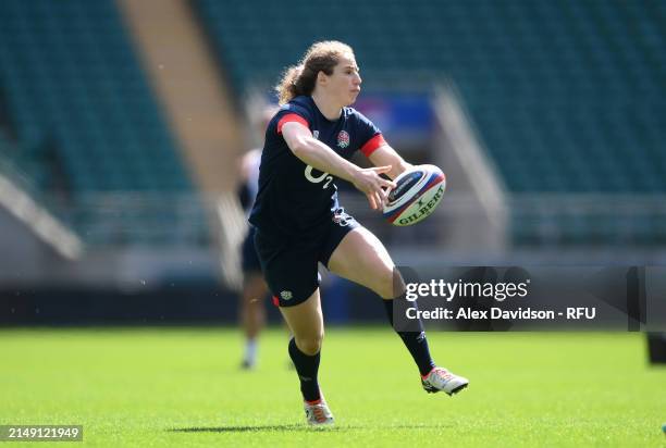 Abby Dow passes during a England Red Roses Training Session at Twickenham Stadium on April 18, 2024 in London, England.