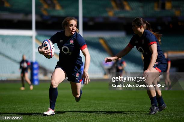 Abby Dow runs during a England Red Roses Training Session at Twickenham Stadium on April 18, 2024 in London, England.