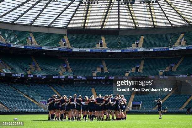 England huddle during a England Red Roses Training Session at Twickenham Stadium on April 18, 2024 in London, England.