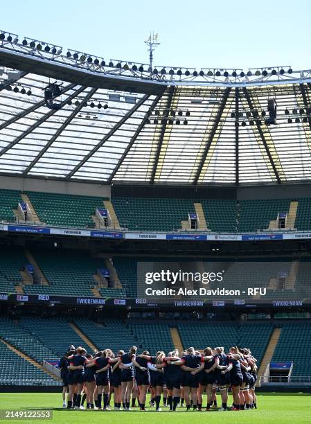 England huddle during a England Red Roses Training Session at Twickenham Stadium on April 18, 2024 in London, England.