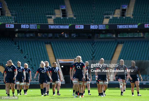 The forwards during a England Red Roses Training Session at Twickenham Stadium on April 18, 2024 in London, England.