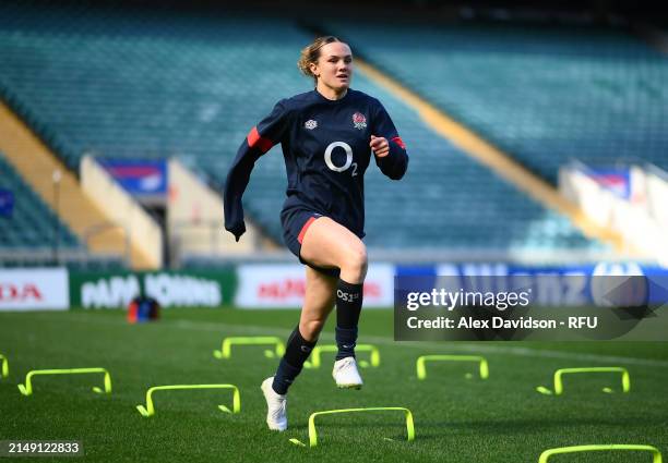 Ellie Kildunne of England runs during a England Red Roses Training Session at Twickenham Stadium on April 18, 2024 in London, England.