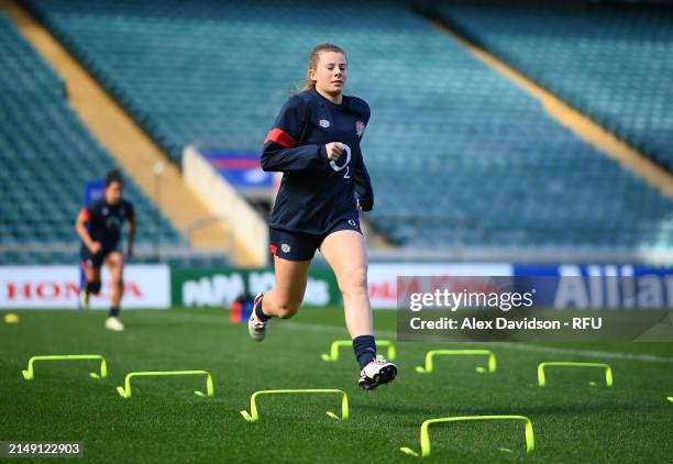 Zoe Harrison of England runs during a England Red Roses Training Session at Twickenham Stadium on April 18, 2024 in London, England.