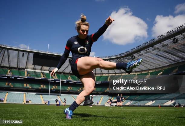 Megan Jones kicks during a England Red Roses Training Session at Twickenham Stadium on April 18, 2024 in London, England.