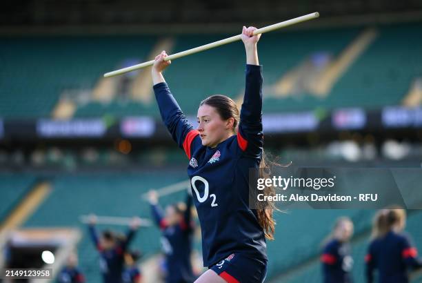 Lucy Packer warms up during a England Red Roses Training Session at Twickenham Stadium on April 18, 2024 in London, England.