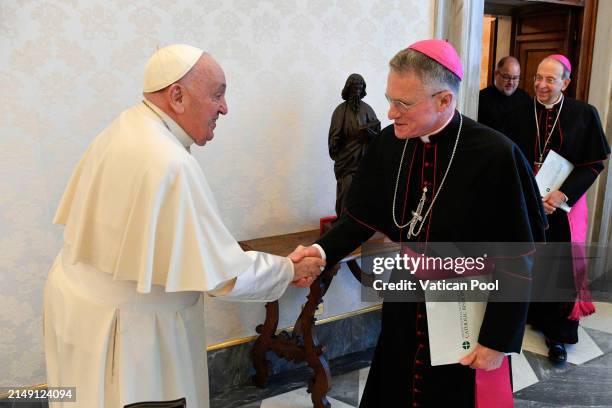 Pope Francis meets with USA Archbishop for the Military Services Monsignor Timothy Broglio during an audience at the Apostolic Palace on April 18,...