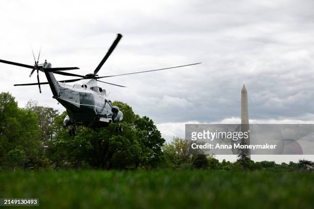 Marine One lifts off carrying U.S. President Joe Biden from the South Lawn of the White House on April 18, 2024 in Washington, DC. Biden is traveling...