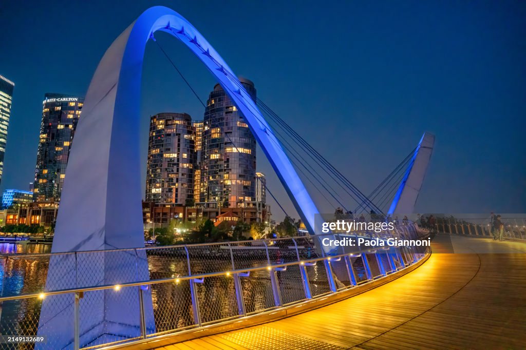 Bridge and skyscrapers of Elizabeth Quay at sunset, Perth.