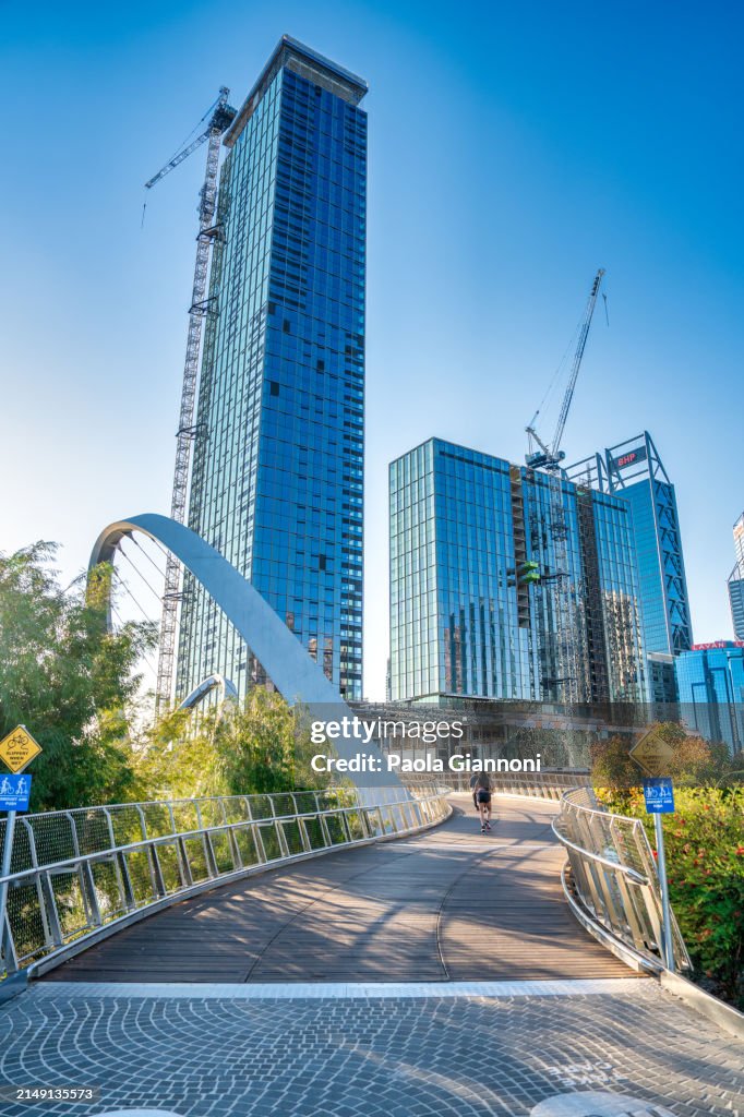 Buildings in Elizabeth Quay at sunset.