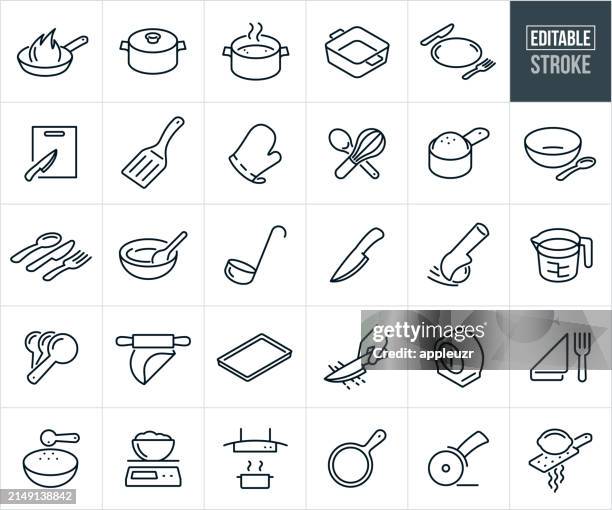 bildbanksillustrationer, clip art samt tecknat material och ikoner med kitchen utensils thin line icons - editable stroke - bakplåt