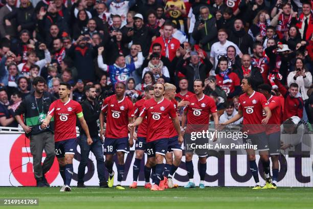 Yusuf Yazici of Lille OSC celebrates scoring his team's first goal during the UEFA Europa Conference League 2023/24 Quarter-final second leg match...