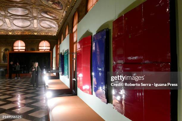 General view of the exhibition preview of French artist Bernar Venet's "1961… Looking Forward" at Biblioteca Nazionale Marciana on April 18, 2024 in...