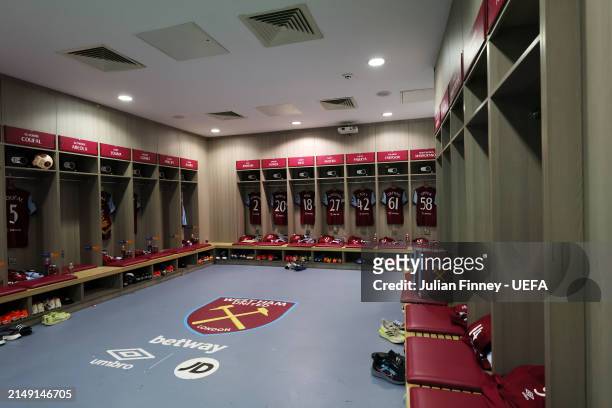 General view inside the West Ham United dressing room is seen prior to the UEFA Europa League 2023/24 Quarter-Final second leg match between West Ham...