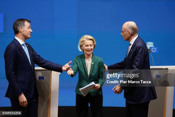 Alexander De Croo Prime Minister of Belgium, Enrico Letta and Ursula von der Leyen President of European Commission pose with the report ' Much More...