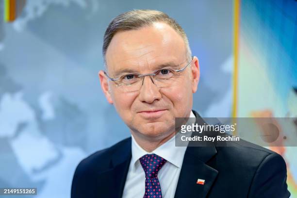 President of Poland Andrezej Duda visits "Sunday Morning Futures" with host Maria Bartiromo at Fox News Channel Studios on April 18, 2024 in New York...