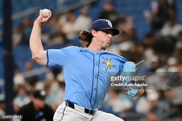 Ryan Pepiot of the Tampa Bay Rays delivers a pitch to the Los Angeles Angels in the first inning at Tropicana Field on April 18, 2024 in St...