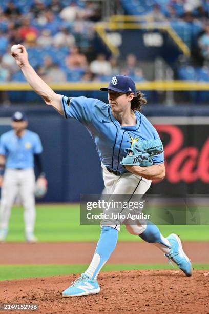 Ryan Pepiot of the Tampa Bay Rays delivers a pitch to the Los Angeles Angels in the fourth inning at Tropicana Field on April 18, 2024 in St...