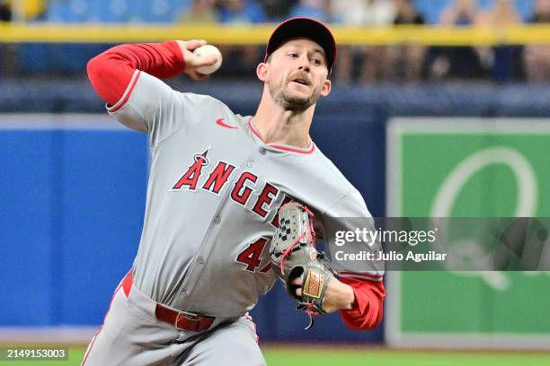 Griffin Canning of the Los Angeles Angels delivers a pitch to the Tampa Bay Rays in the fifth inning at Tropicana Field on April 18, 2024 in St...