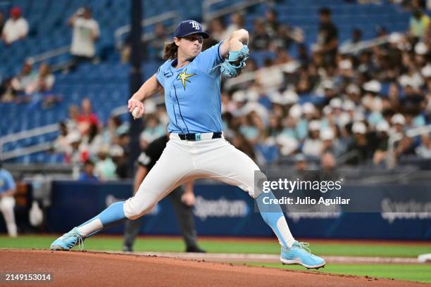 Ryan Pepiot of the Tampa Bay Rays delivers a pitch to the Los Angeles Angels in the first inning at Tropicana Field on April 18, 2024 in St...