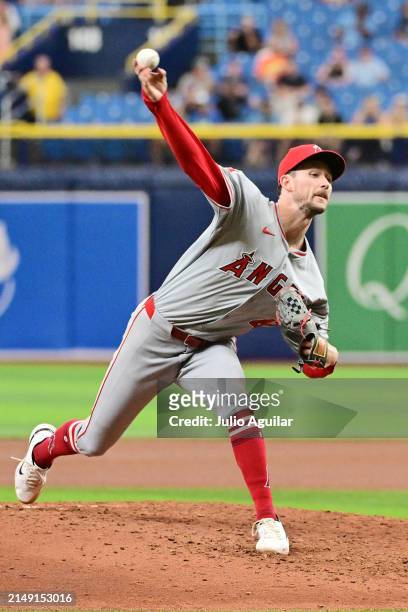 Griffin Canning of the Los Angeles Angels delivers a pitch to the Tampa Bay Rays in the fifth inning at Tropicana Field on April 18, 2024 in St...
