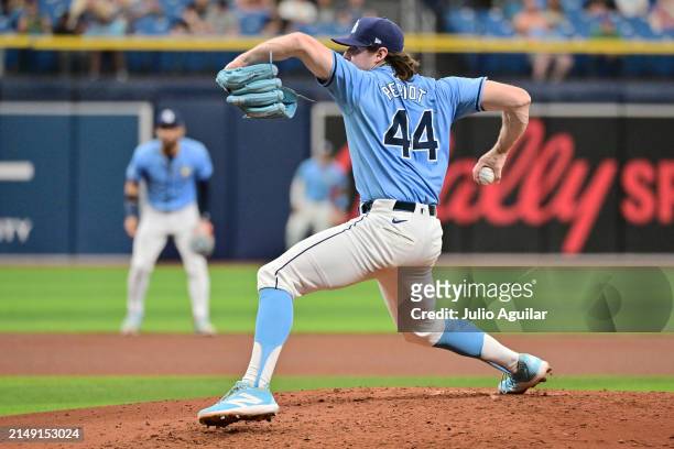 Ryan Pepiot of the Tampa Bay Rays delivers a pitch to the Los Angeles Angels in the fourth inning at Tropicana Field on April 18, 2024 in St...