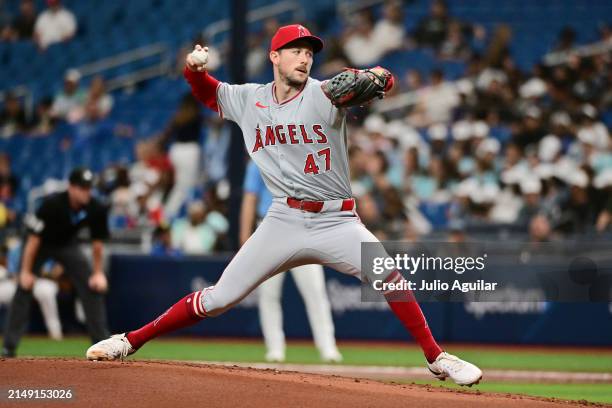 Griffin Canning of the Los Angeles Angels delivers a pitch to the Tampa Bay Rays in the first inning at Tropicana Field on April 18, 2024 in St...