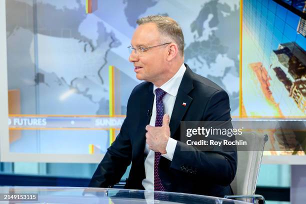 President of Poland Andrezej Duda visits "Sunday Morning Futures" with host Maria Bartiromo at Fox News Channel Studios on April 18, 2024 in New York...