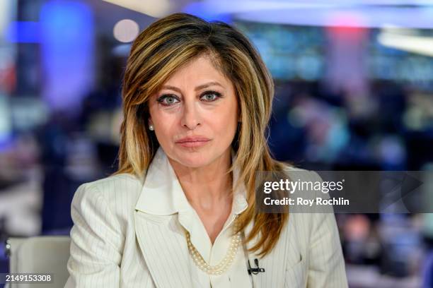 Host Maria Bartiromo as President of Poland Andrezej Duda visits "Sunday Morning Futures" at Fox News Channel Studios on April 18, 2024 in New York...