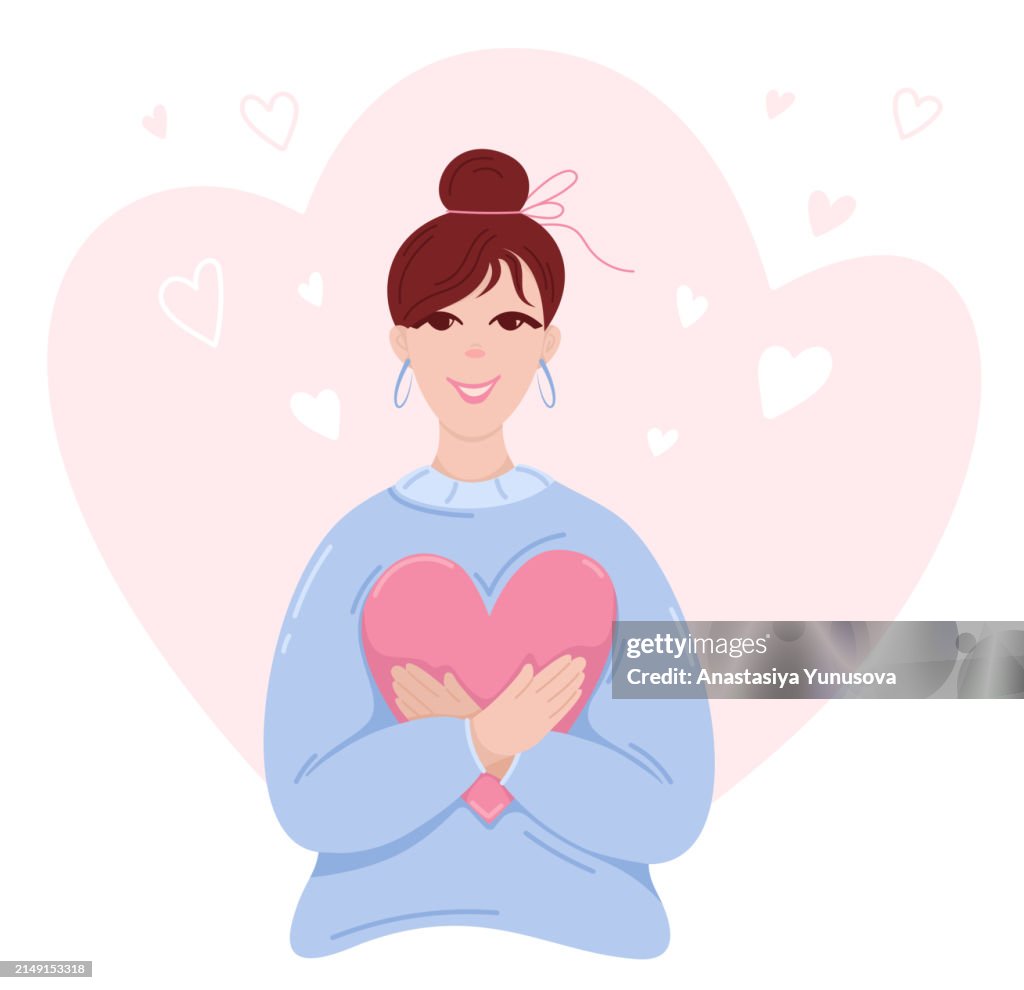 Happy girl hugging heart