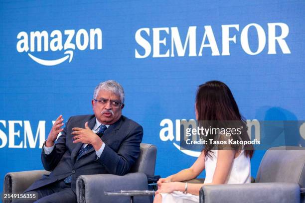Nandan Nilekani, Co-Founder, Infosys and Gina Chon, Senior Editor, Semafor chat at The Semafor 2024 World Economy Summit on April 18, 2024 in...