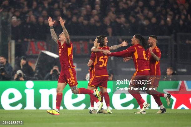 Gianluca Mancini of AS Roma celebrates scoring his team's first goal during the UEFA Europa League 2023/24 Quarter-Final second leg match between AS...
