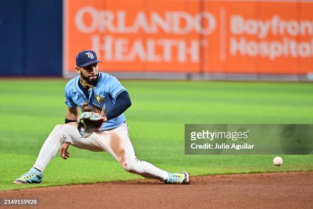 José Caballero of the Tampa Bay Rays looks to grab a ground ball off the bat of Luis Rengifo of the Los Angeles Angels in the seventh inning at...