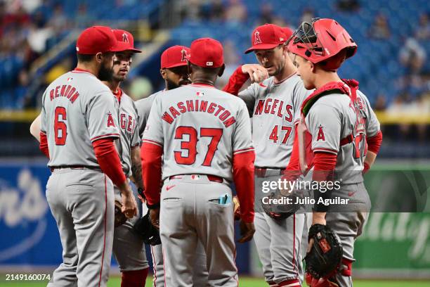 Griffin Canning of the Los Angeles Angels is relieved by manager Ron Washington of the Los Angeles Angels in the sixth inning against the Tampa Bay...