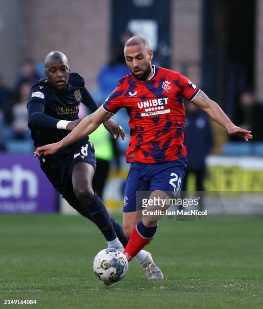 Kemar Roofe of Rangers controls the ball during the Cinch Scottish Premiership match between Dundee FC and Rangers FC at Dens Park Stadium on April...