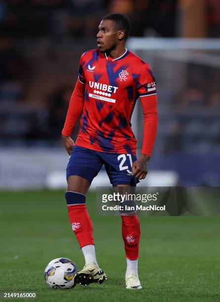Dujon Sterling of rangers is seen during the Cinch Scottish Premiership match between Dundee FC and Rangers FC at Dens Park Stadium on April 17, 2024...