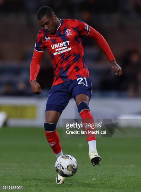 Dujon Sterling of rangers is seen during the Cinch Scottish Premiership match between Dundee FC and Rangers FC at Dens Park Stadium on April 17, 2024...