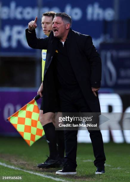Dundee manager Tony Docherty is seen during the Cinch Scottish Premiership match between Dundee FC and Rangers FC at Dens Park Stadium on April 17,...