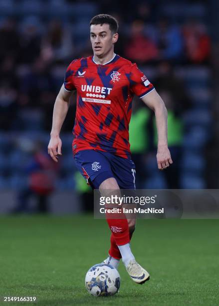 Tom Lawrence of Rangers controls the ball during the Cinch Scottish Premiership match between Dundee FC and Rangers FC at Dens Park Stadium on April...