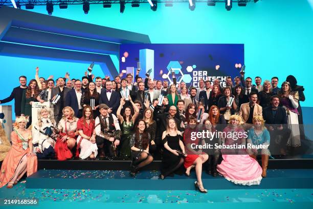 Award winners and team pose on stage during the annual German Computer Game Award at Eisbach Studios on April 18, 2024 in Munich, Germany.