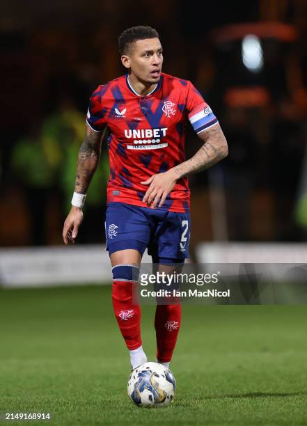 Rangers captain James Tavernier controls the ball during the Cinch Scottish Premiership match between Dundee FC and Rangers FC at Dens Park Stadium...