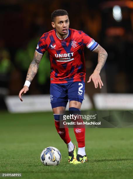 Rangers captain James Tavernier controls the ball during the Cinch Scottish Premiership match between Dundee FC and Rangers FC at Dens Park Stadium...