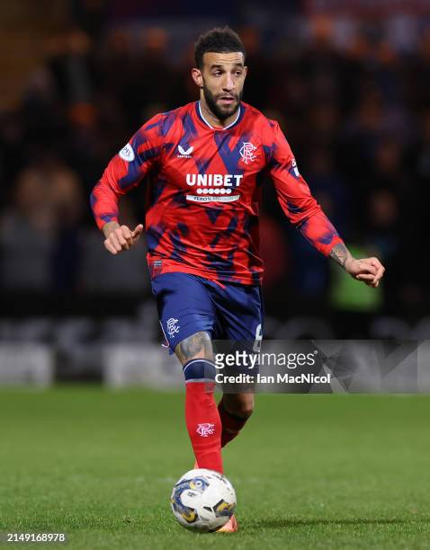 Connor Goldson of Rangers controls the ball during the Cinch Scottish Premiership match between Dundee FC and Rangers FC at Dens Park Stadium on...