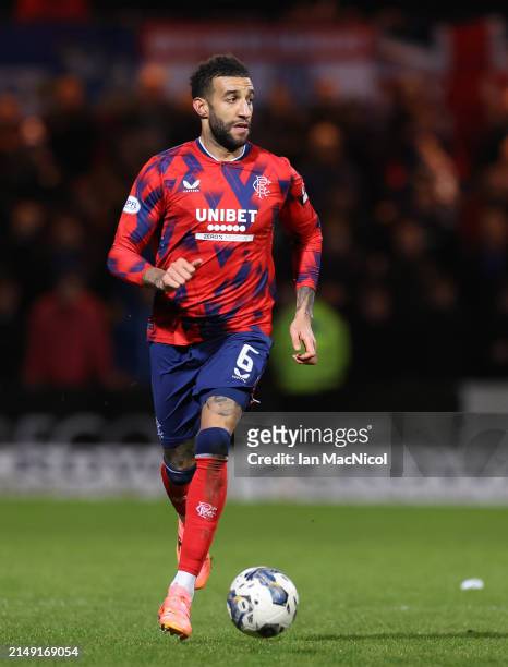 Connor Goldson of Rangers controls the ball during the Cinch Scottish Premiership match between Dundee FC and Rangers FC at Dens Park Stadium on...