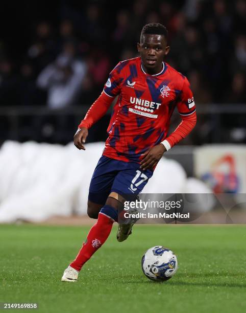 Rabbi Matondo of Rangers controls the ball during the Cinch Scottish Premiership match between Dundee FC and Rangers FC at Dens Park Stadium on April...