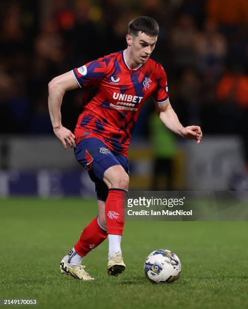 Tom Lawrence of Rangers controls the ball during the Cinch Scottish Premiership match between Dundee FC and Rangers FC at Dens Park Stadium on April...