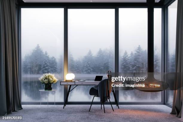 cozy workspace at luxury lake house - outdoor backdrops stock pictures, royalty-free photos & images