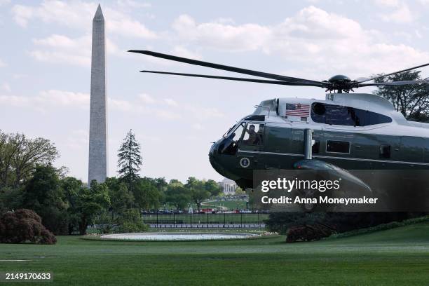 Marine One, carrying U.S. President Joe Biden, lands on the South Lawn of the White House on April 18, 2024 in Washington, DC. Biden travelled to...