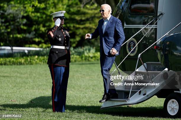 President Joe Biden walks off Marine One on the South Lawn of the White House on April 18, 2024 in Washington, DC. Biden traveled to Philadelphia,...