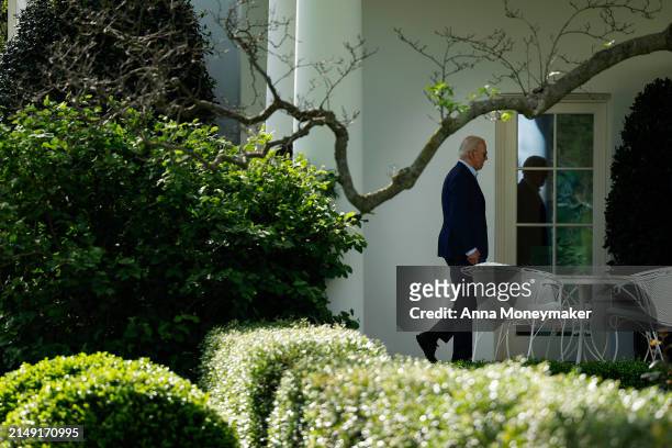 President Joe Biden walks to the Oval Office a the White House on April 18, 2024 in Washington, DC. Biden traveled to Philadelphia, Pennsylvania to...